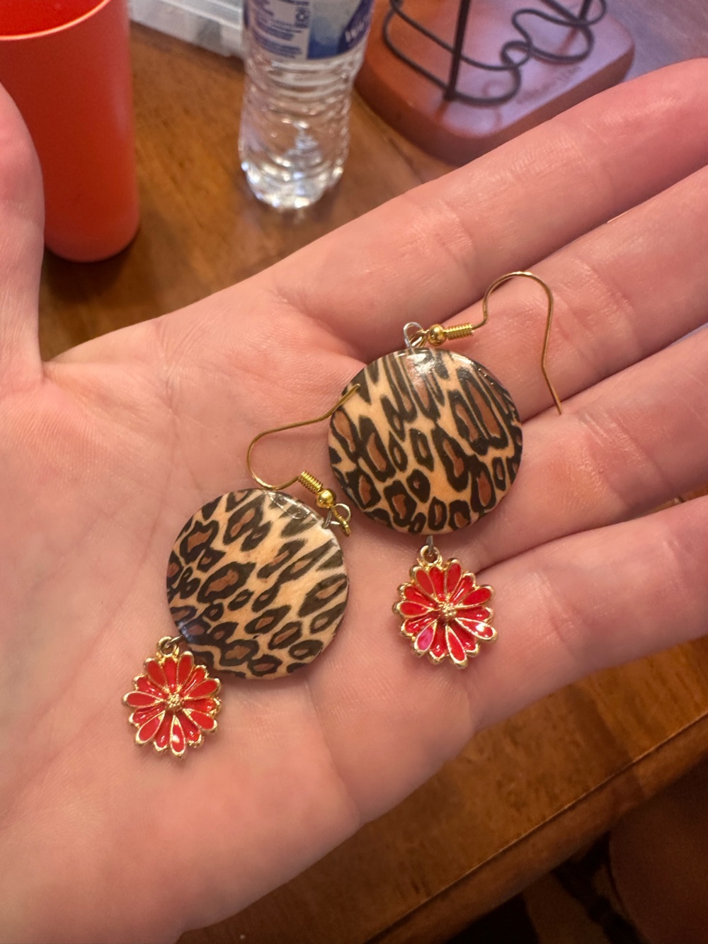 Leopard Print Drop Earrings with Red Flower Charm